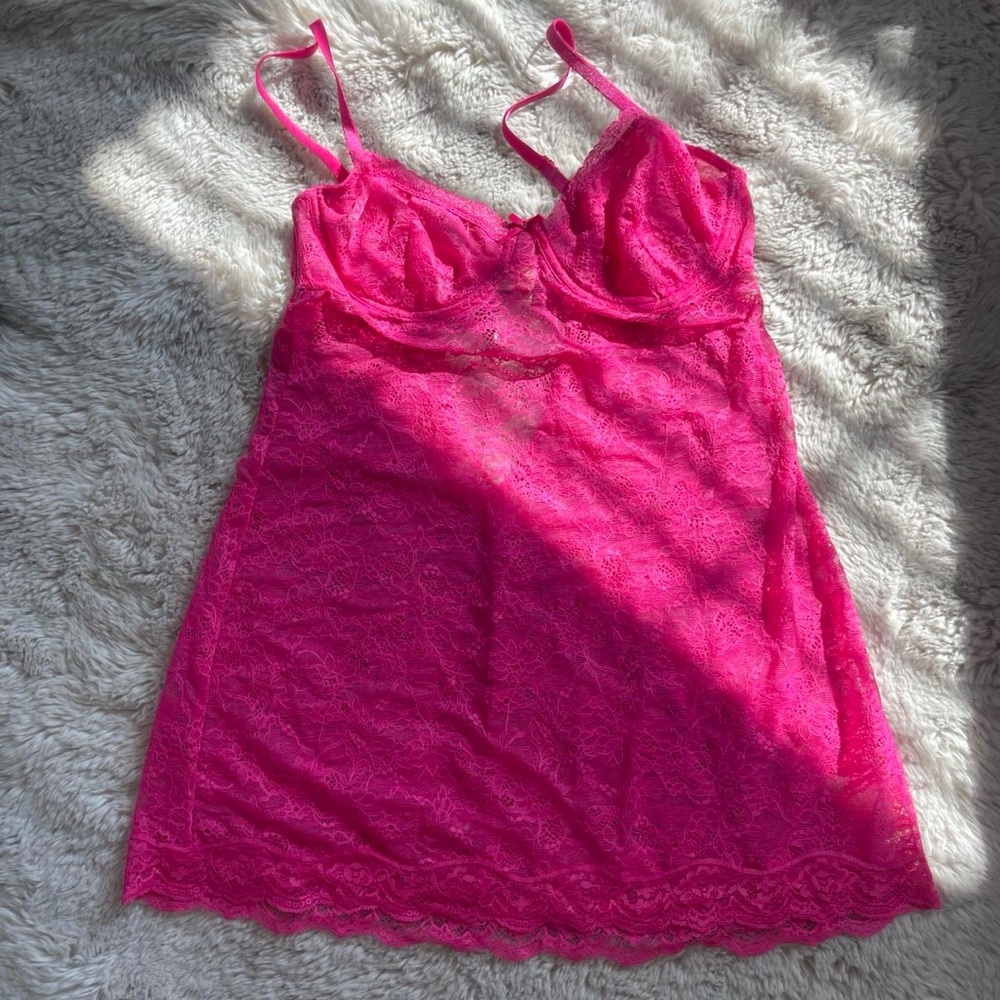 Large (36C) hot pink Victorias Secret lace lingerie babydoll dress NWT